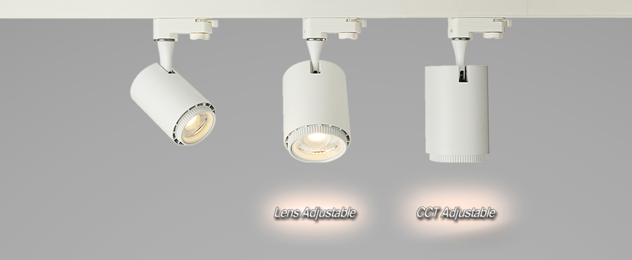 CCT adjustable LED track light, 8W, 12W, 18W, 24W, COB LED, Ra80 or Ra90, 80lm/W, 20°~60° beam angle adjustable by turning the lens