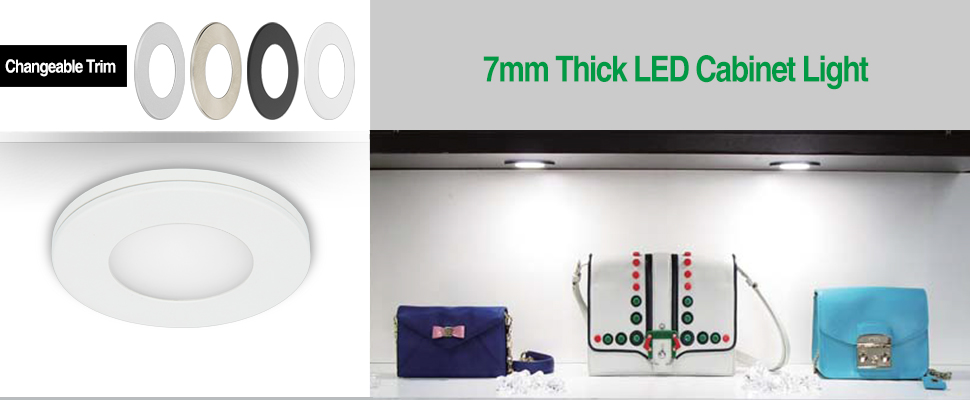 7mm thick LED cabinet light, 2.2W, Ra80 or Ra90, recessed mounted or surface mounted, with changeable trim and surface mounting ring in different colors