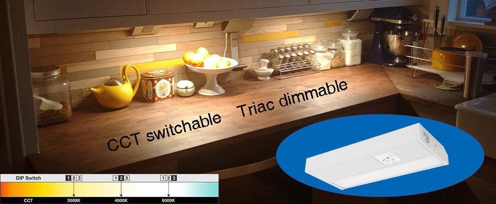 LED bar light for cabinet, input 110V/240V AC, CCT adjustable through DIP switch, triac dimmable, with ON/OFF switch