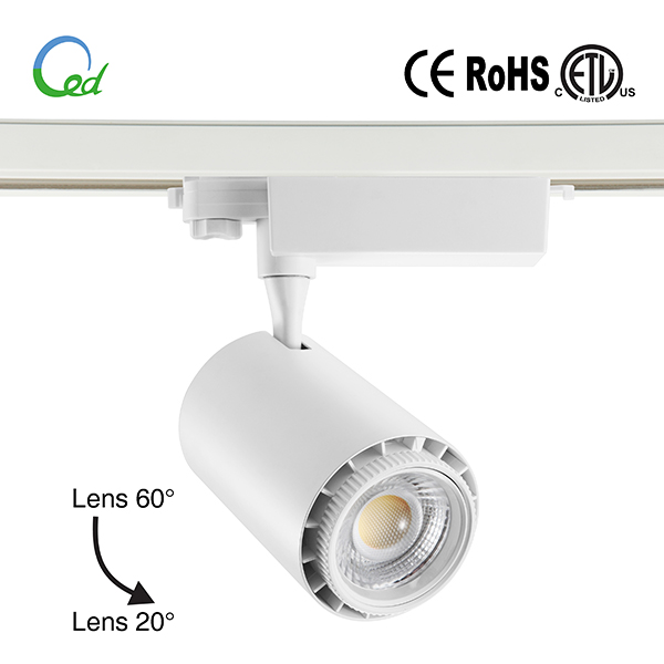 LED track light, 8W, 12W, 18W, 24W, COB LED, Ra80 or Ra90, 80lm/W, 20°~60° beam angle adjustable by turning the lens